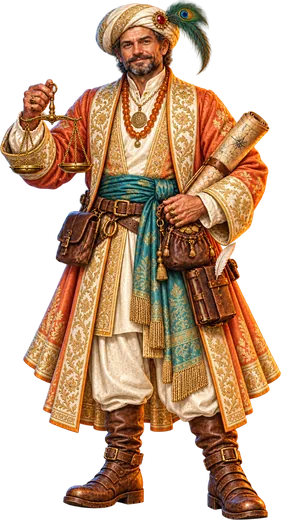 The Merchant, with a brass scale and a sea map