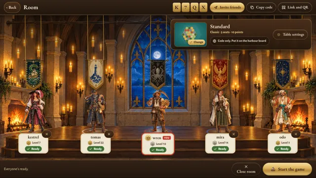 A Hearthsea waiting room in the great hall: players arrive one by one under their banners, tap Ready, and every banner drops open.