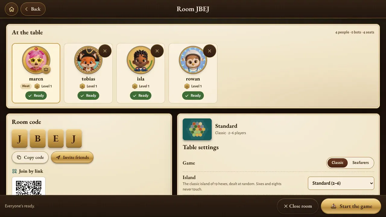 A Hearthsea online room with the code JBEJ: four players marked ready at the table, buttons to copy the code and invite friends, a QR code to join by link, and table settings for the Standard map.
