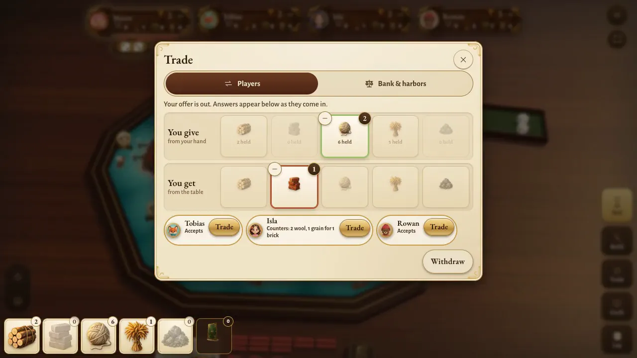 Hearthsea’s trade panel: you give two wool and ask for one brick, and under the offer Tobias accepts, Isla counters with two wool and a grain for a brick, and Rowan accepts.