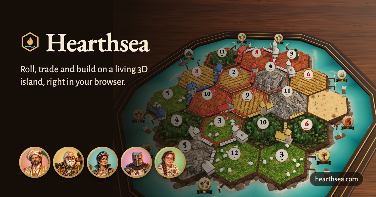 I built a Catan-style board game that runs in the browser, with a 3D island and bots that trade